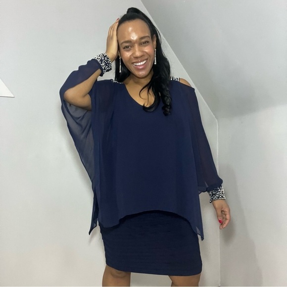 Vintage blue cocktail dress embellished midi formal gown evening wear new years - Picture 11 of 16